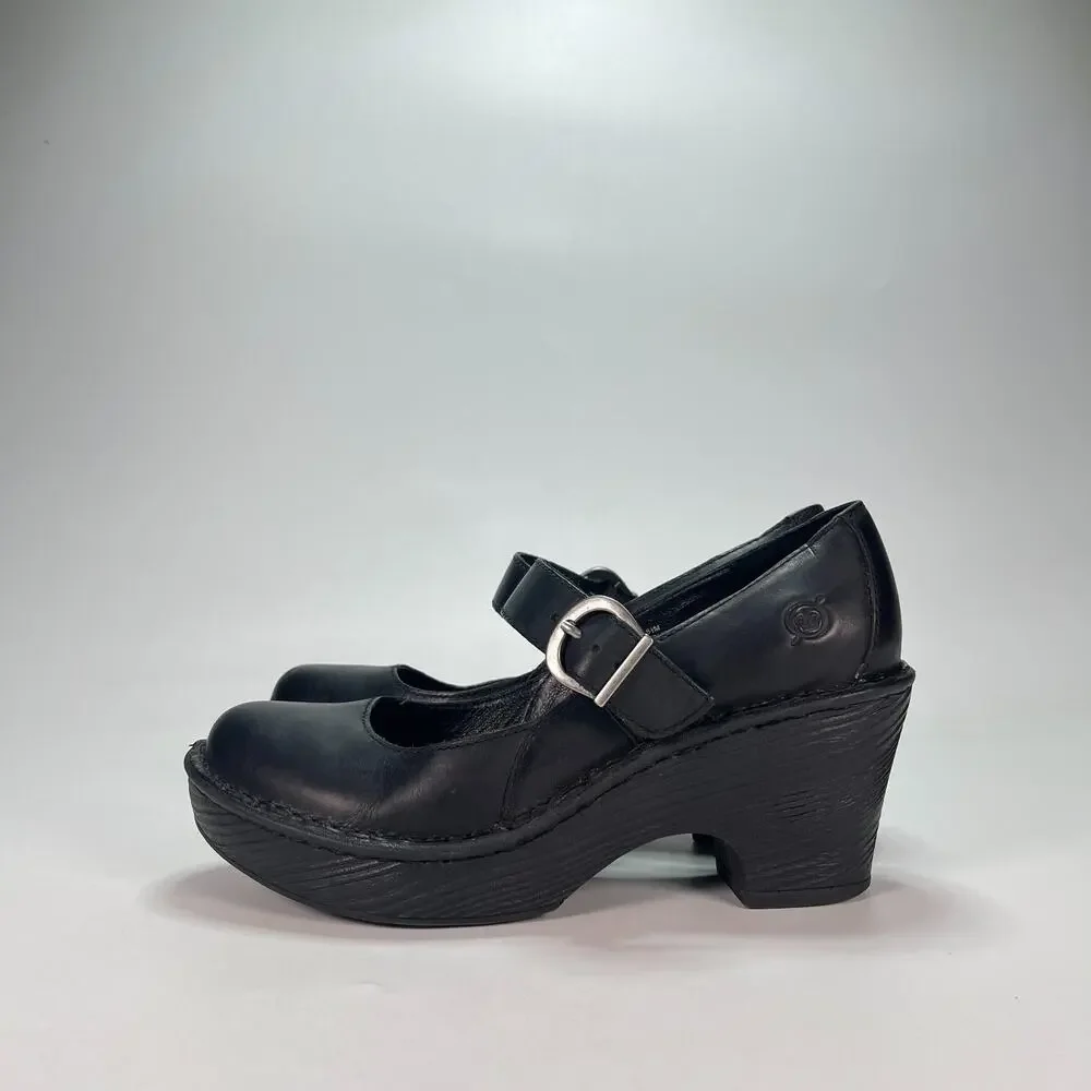 Born Mary Jane Black Leather Chunky Wedge Heels Pumps Shoes Women's Size 6.5M